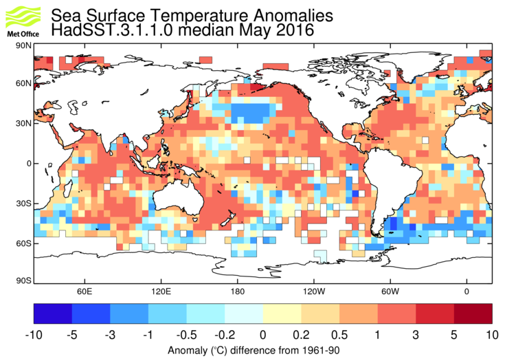HadSST3 sea-surface temperature anomaly map for May 2016