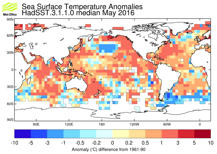 HadSST3 sea-surface temperature anomaly map for May 2016