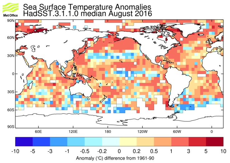 HadSST3 sea-surface temperature anomaly map for August 2016