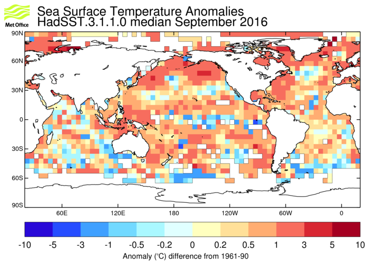 HadSST3 sea-surface temperature anomaly map for September 2016