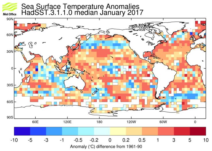 HadSST3 sea-surface temperature anomaly map for January 2017