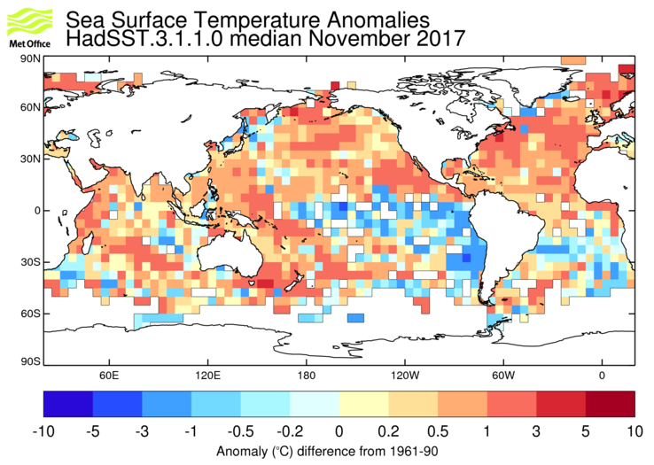 HadSST3 sea-surface temperature anomaly map for  November 2017