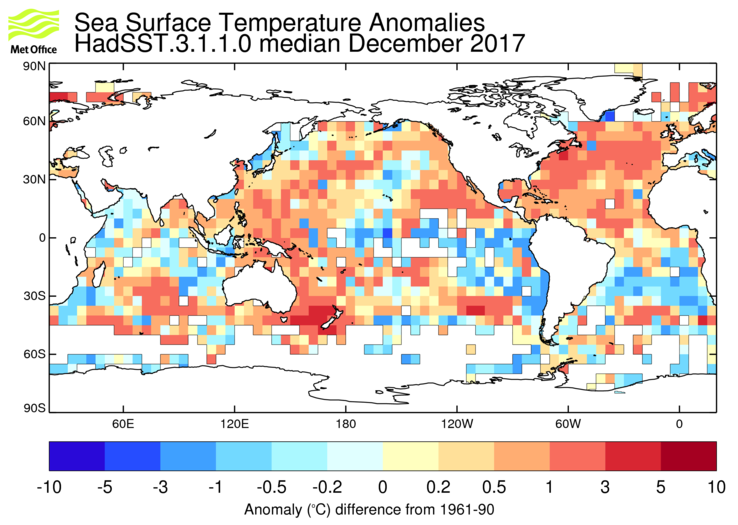 HadSST3 sea-surface temperature anomaly map for December 2017