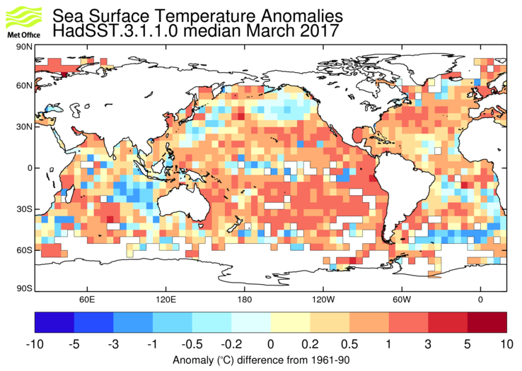 HadSST3 sea-surface temperature anomaly map for March 2017