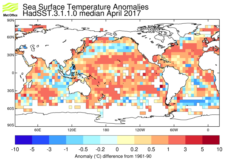 HadSST3 sea-surface temperature anomaly map for April 2017