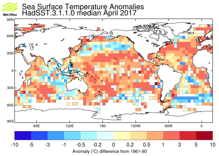 HadSST3 sea-surface temperature anomaly map for April 2017