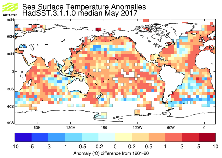 HadSST3 sea-surface temperature anomaly map for May 2017