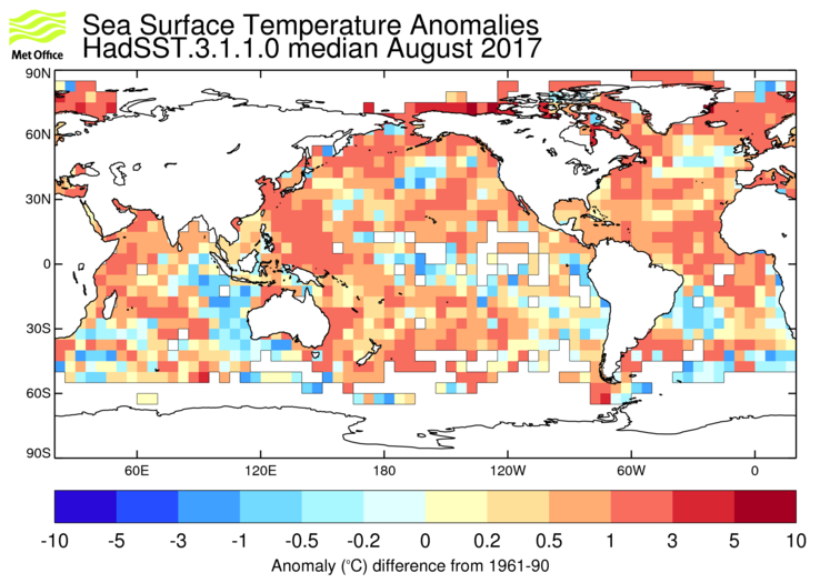 HadSST3 sea-surface temperature anomaly map for August 2017