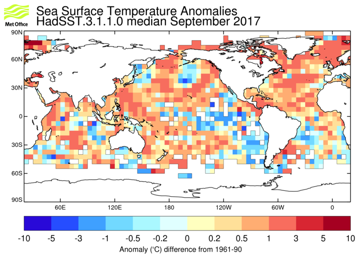HadSST3 sea-surface temperature anomaly map for September 2017
