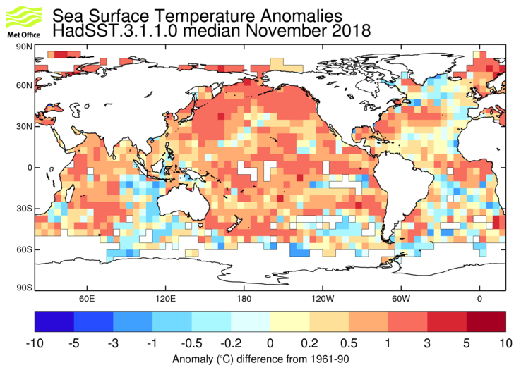 HadSST3 sea-surface temperature anomaly map for November 2018