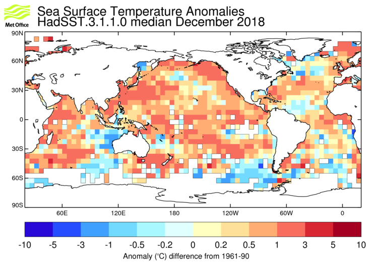 HadSST3 sea-surface temperature anomaly map for December 2018