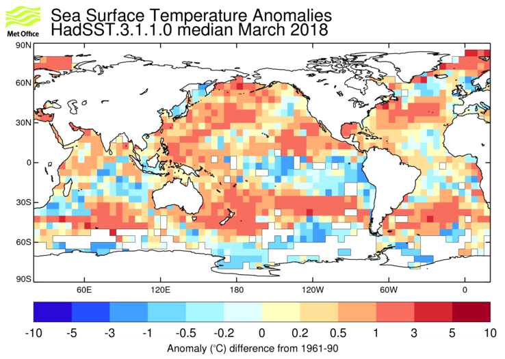 HadSST3 sea-surface temperature anomaly map for March 2018