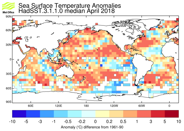 HadSST3 sea-surface temperature anomaly map for April 2018