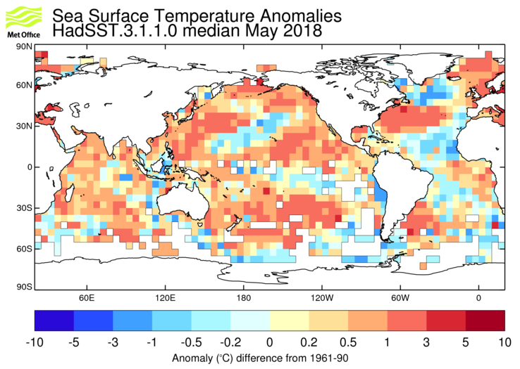 HadSST3 sea-surface temperature anomaly map for May 2018