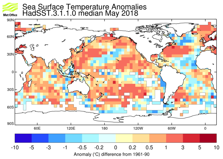 HadSST3 sea-surface temperature anomaly map for May 2018