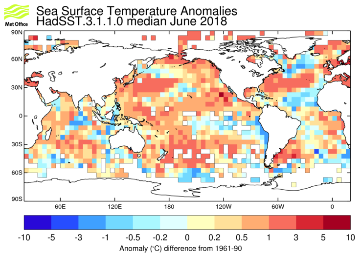 HadSST3 sea-surface temperature anomaly map for June 2018