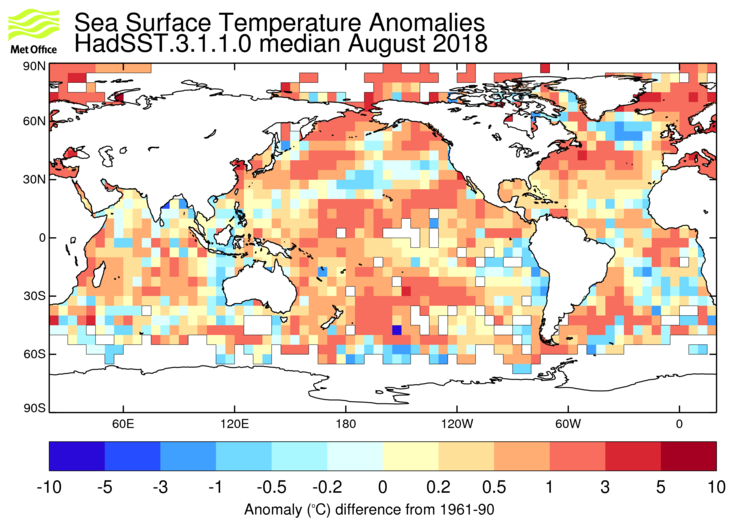 HadSST3 sea-surface temperature anomaly map for August 2018