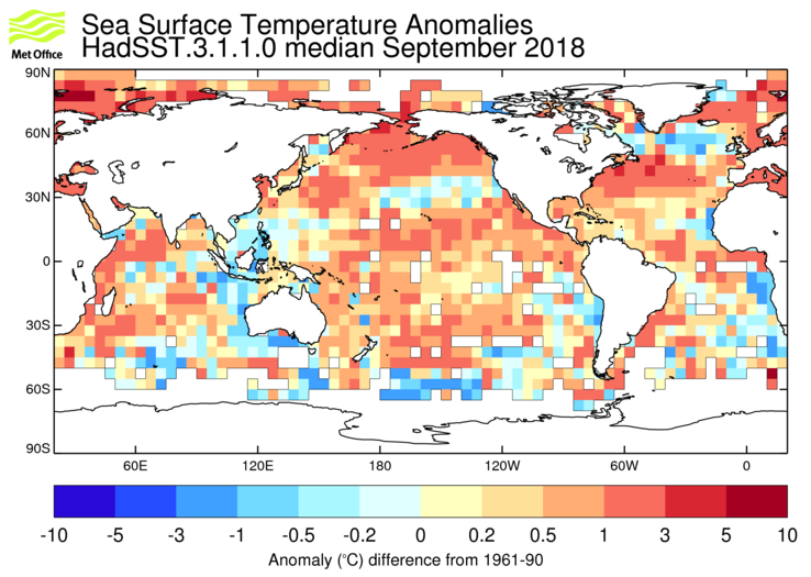HadSST3 sea-surface temperature anomaly map for September 2018