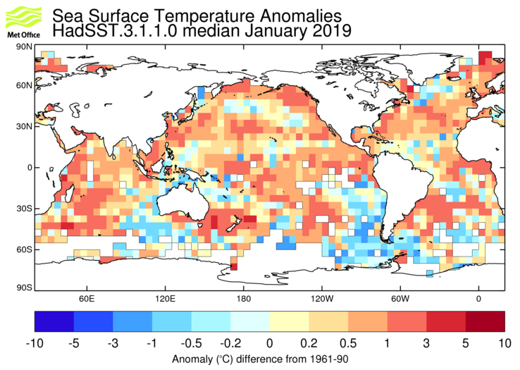 HadSST3 sea-surface temperature anomaly map for January 2019