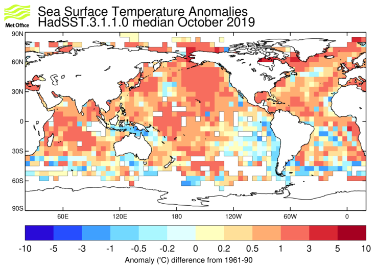HadSST3 sea-surface temperature anomaly map for October 2019