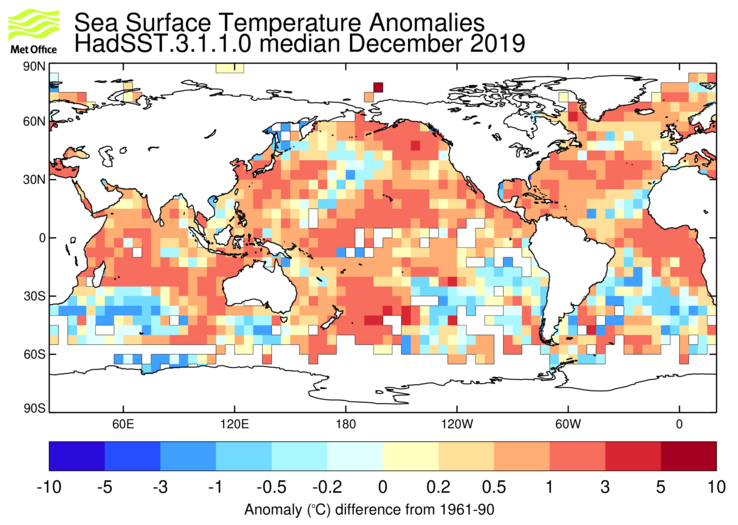 HadSST3 sea-surface temperature anomaly map for December 2019