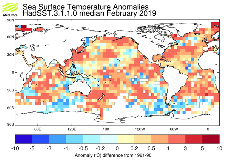 HadSST3 sea-surface temperature anomaly map for February 2019