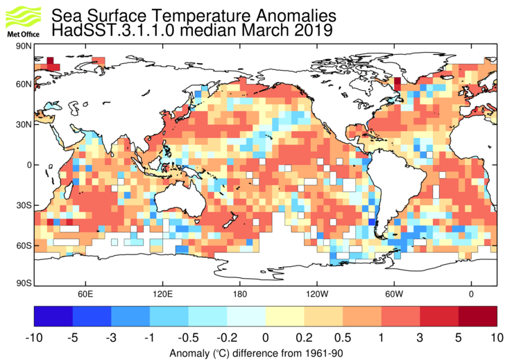 HadSST3 sea-surface temperature anomaly map for March 2019
