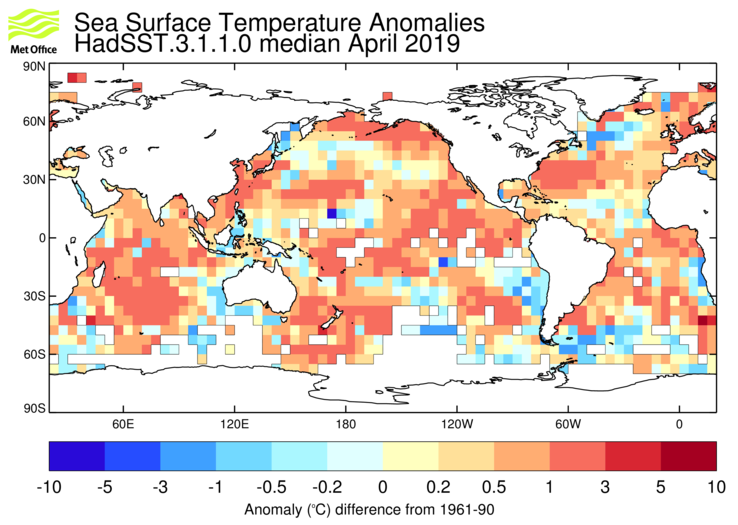 HadSST3 sea-surface temperature anomaly map for April 2019
