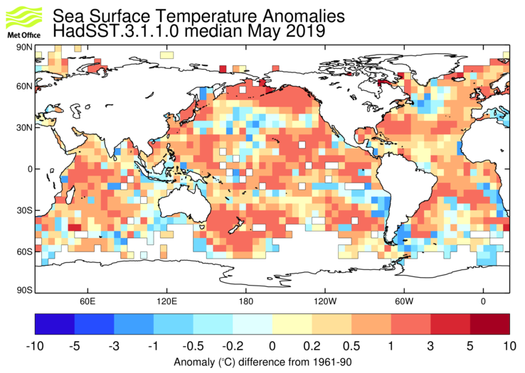 HadSST3 sea-surface temperature anomaly map for May 2019