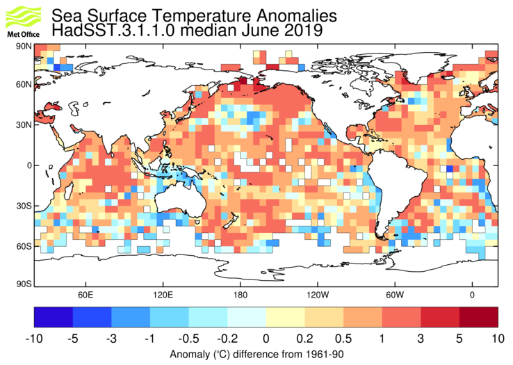 HadSST3 sea-surface temperature anomaly map for June 2019