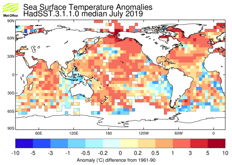 HadSST3 sea-surface temperature anomaly map for July 2019