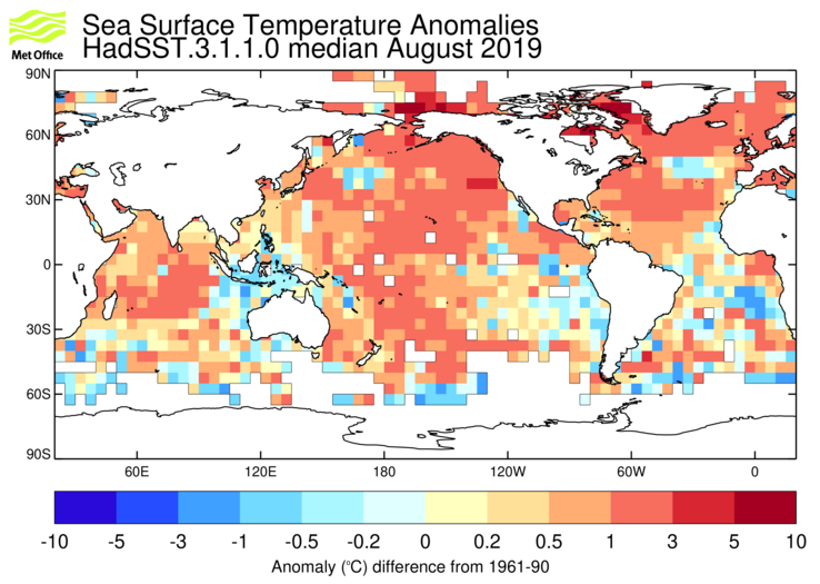 HadSST3 sea-surface temperature anomaly map for August 2019