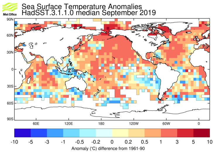 HadSST3 sea-surface temperature anomaly map for September 2019