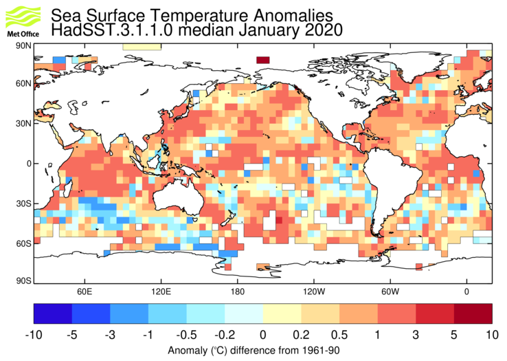 HadSST3 sea-surface temperature anomaly map for January 2020