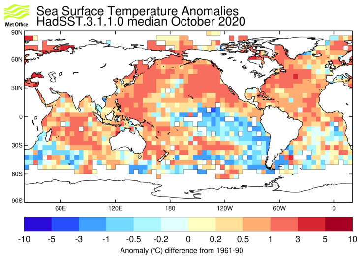 HadSST3 sea-surface temperature anomaly map for October 2020