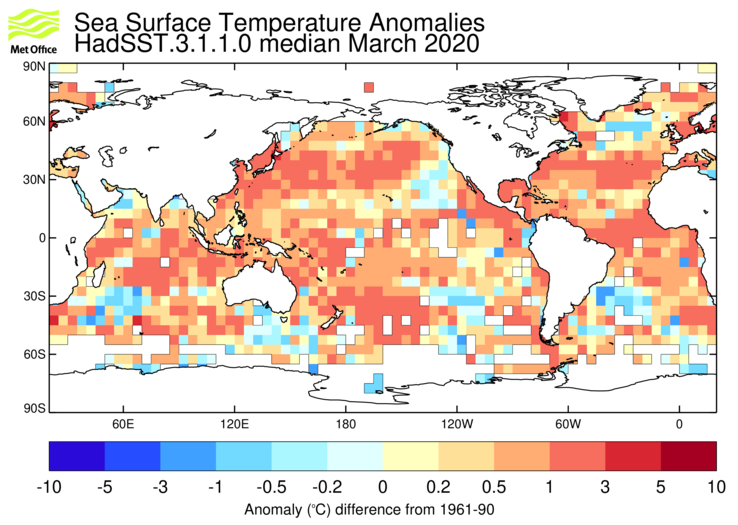 HadSST3 sea-surface temperature anomaly map for March 2020