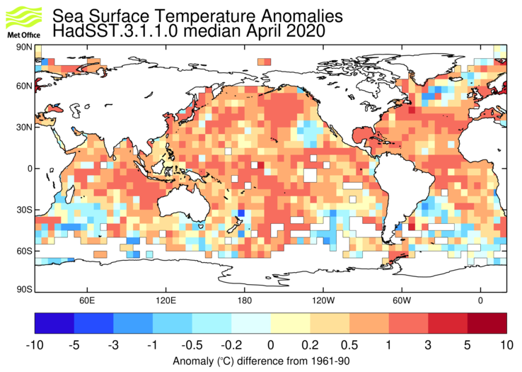 HadSST3 sea-surface temperature anomaly map for April 2020