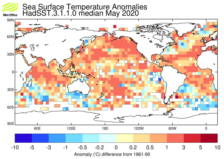 HadSST3 sea-surface temperature anomaly map for May 2020