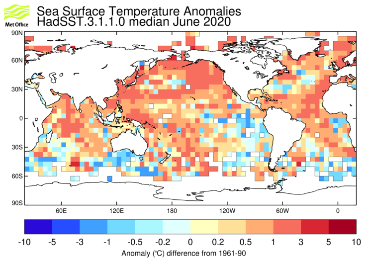 HadSST3 sea-surface temperature anomaly map for June 2020