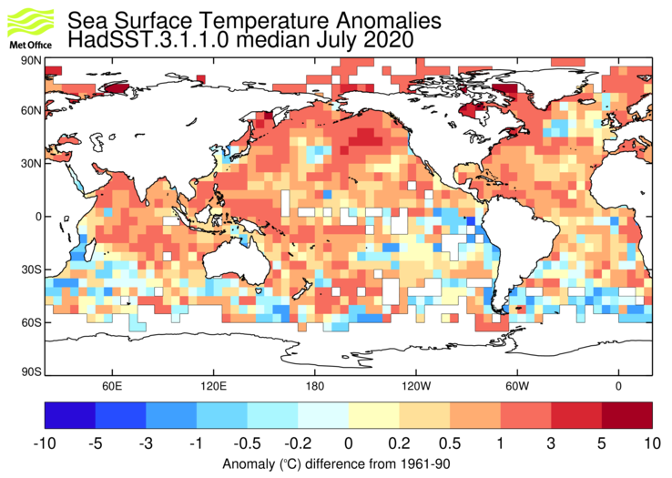 HadSST3 sea-surface temperature anomaly map for July 2020