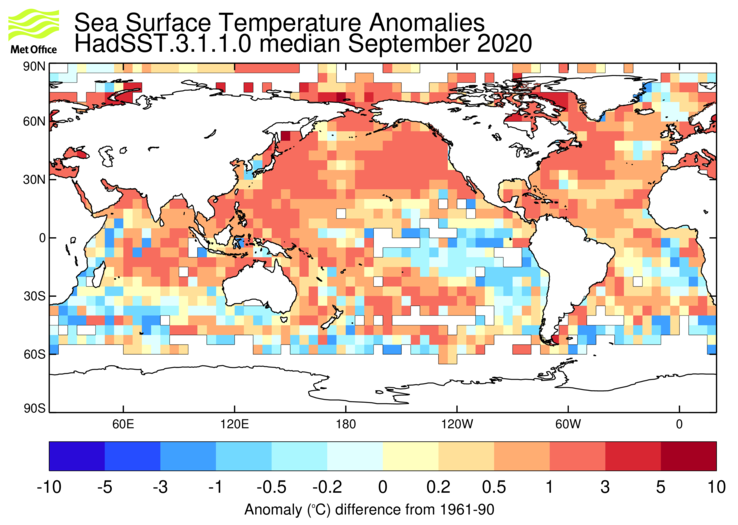 HadSST3 sea-surface temperature anomaly map for September 2020