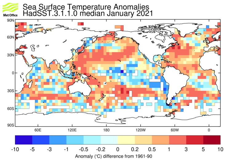 HadSST3 sea-surface temperature anomaly map for January 2021