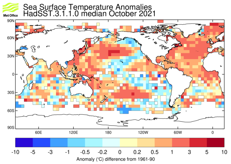 HadSST3 sea-surface temperature anomaly map for October 2021