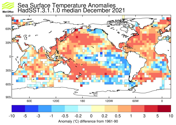 HadSST3 sea-surface temperature anomaly map for December 2021