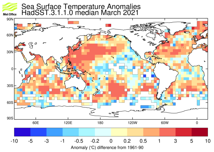 HadSST3 sea-surface temperature anomaly map for March 2021