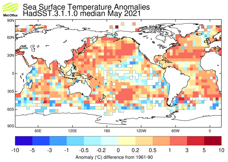 HadSST3 sea-surface temperature anomaly map for May 2021