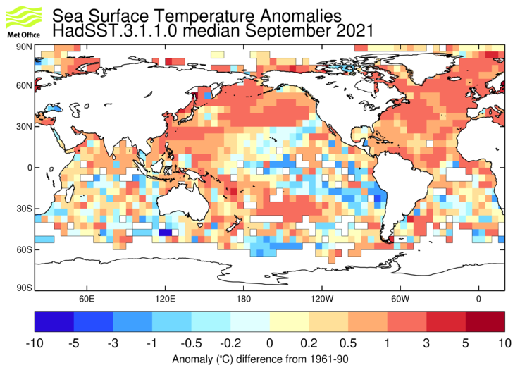 HadSST3 sea-surface temperature anomaly map for September 2021