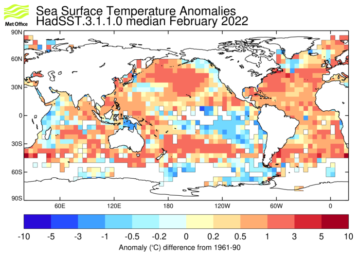 HadSST3 sea-surface temperature anomaly map for February 2022