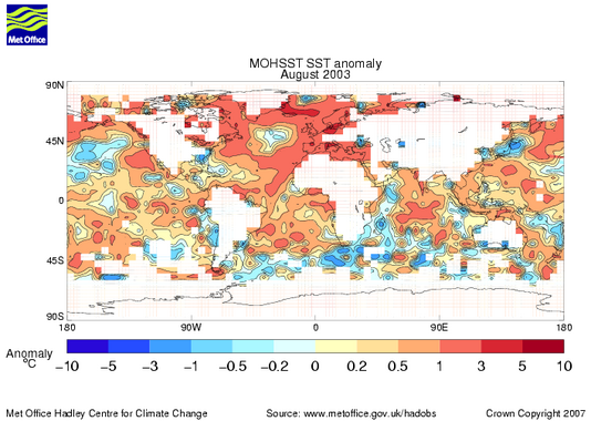 MOHSST6D sea surface temperature anomaly August 2003
