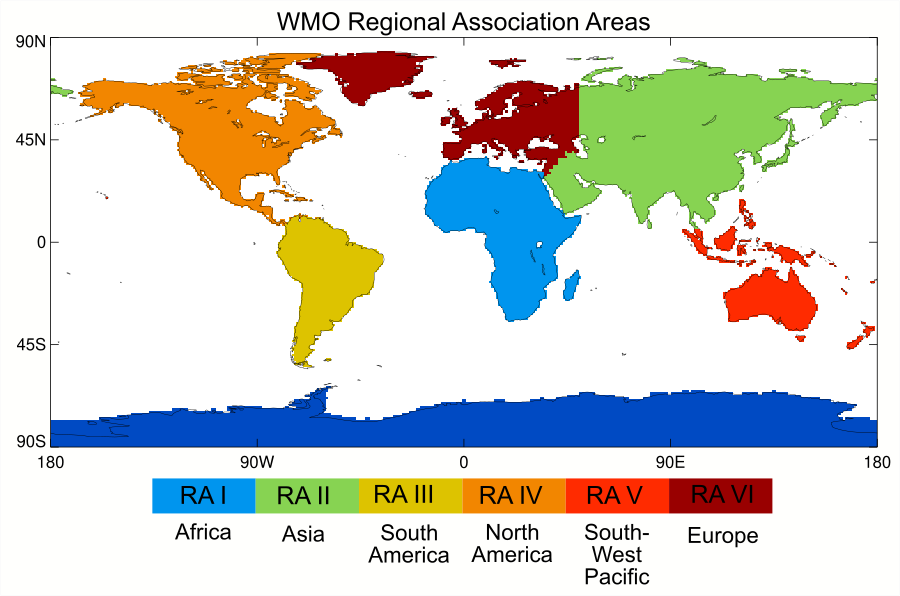 Map showing the areas covered by the WMO Regional Associations
